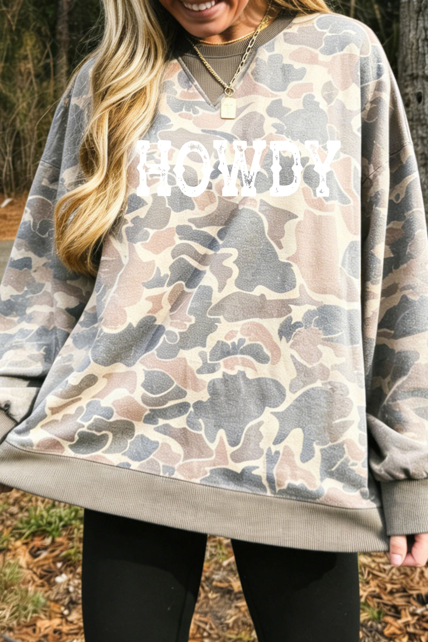 Multicolour HOWDY Graphic Camo Print Tunic Sweatshirt