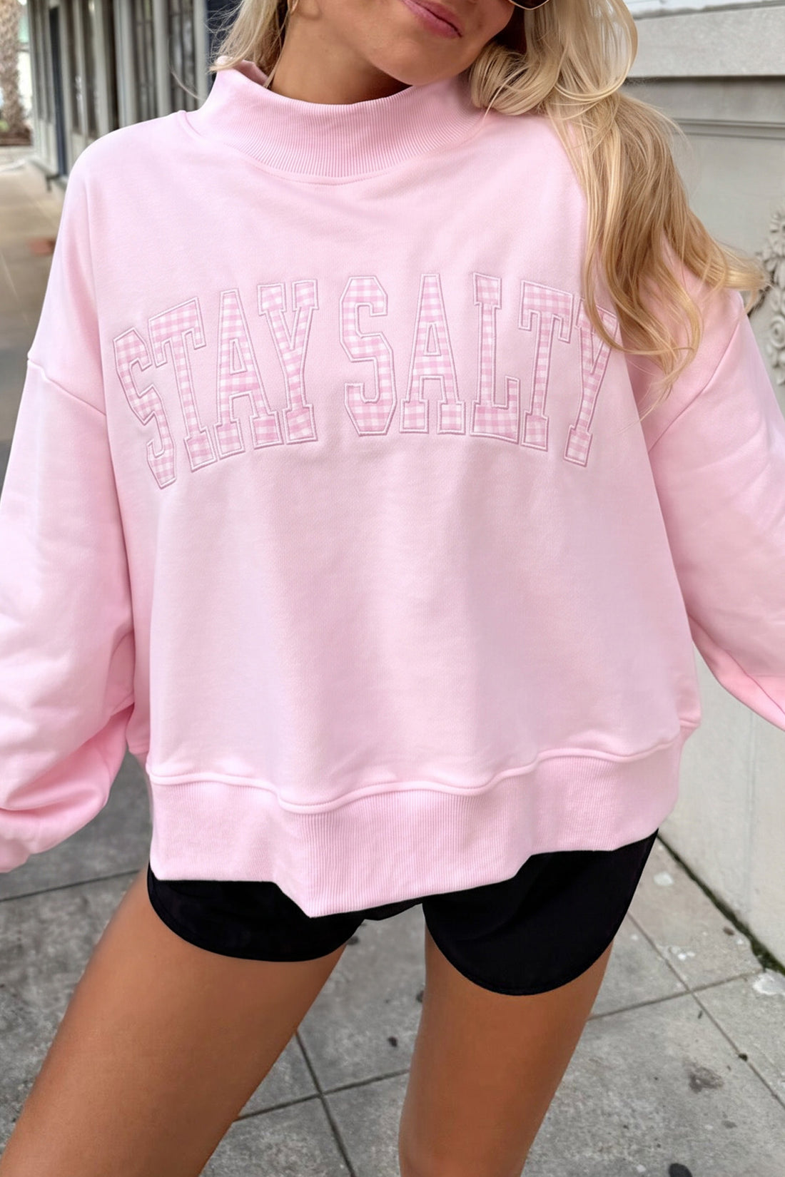 Pink Stay Salty Embroidered Long Sleeve Stand Neck Shift Pullover Sweatshirt