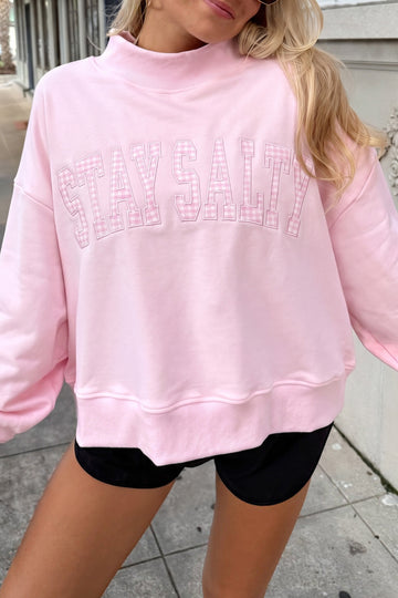 Pink Stay Salty Embroidered Long Sleeve Stand Neck Shift Pullover Sweatshirt