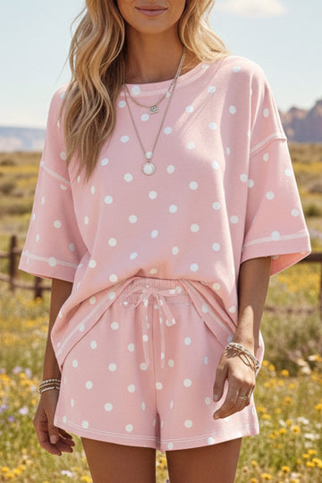 Pink Exposed Seam Detail Polka Dot Loose Tee Drawstring Shorts Set