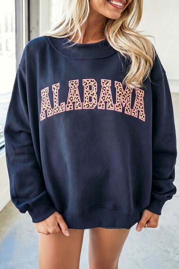 Dirty blue Embroidered Leopard Alabama High Neck Long Sleeve Tunic Sweatshirt