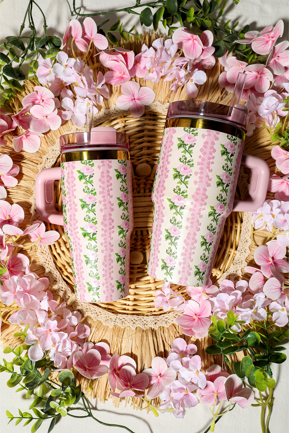 Pink 14/20 OZ Dainty Floral Print Stainless Steel Tumbler with Straw