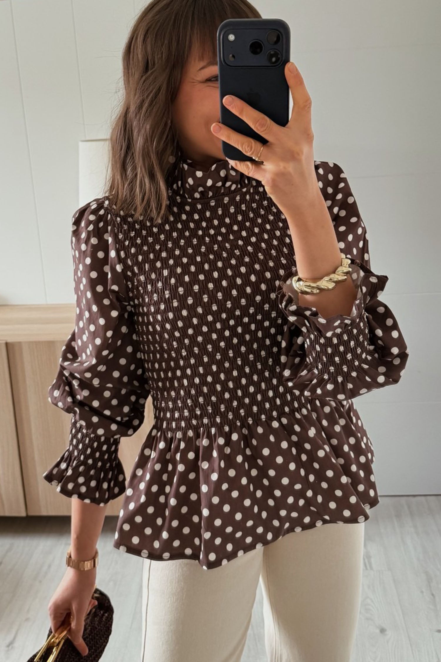 Brown Polka Dot Ruffled High Neck Shirred Ruffle Hem Blouse