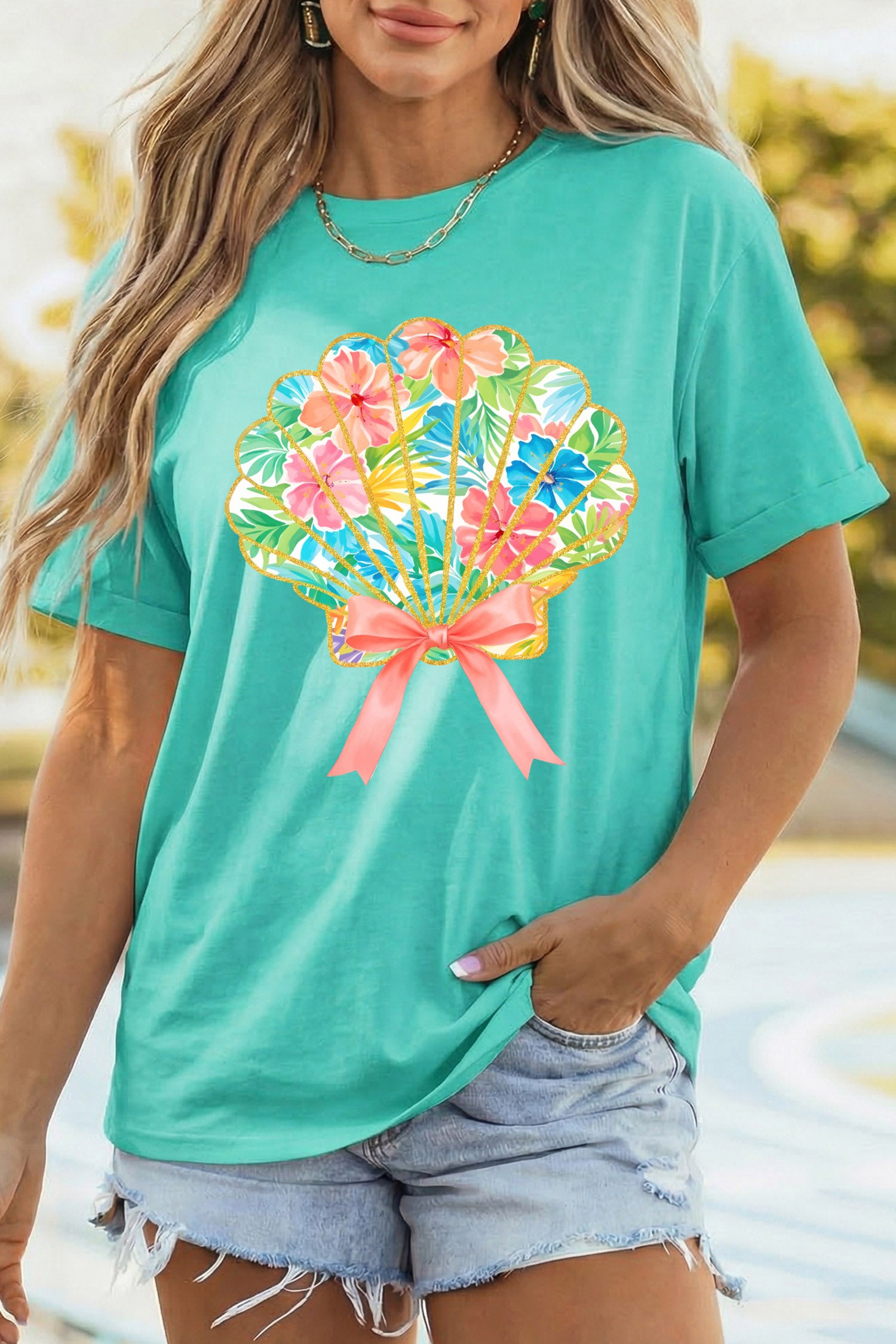 Mint Green Vibrant Floral Glitter Shell Graphic Relaxed T Shirt