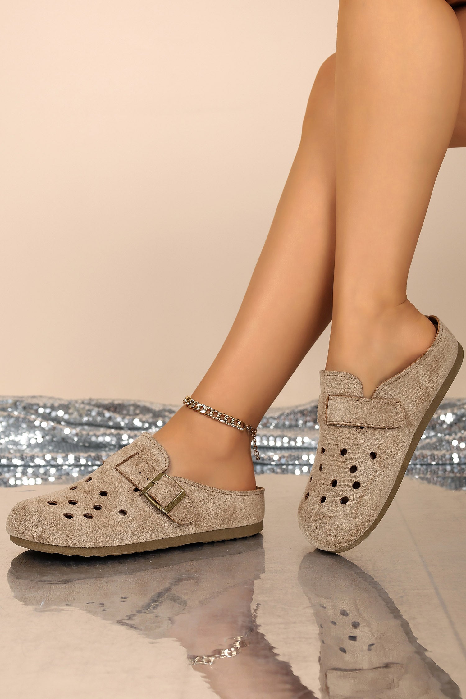 Light French Beige Faux Suede Retro Buckle Hollow Out Casual Mules Slippers
