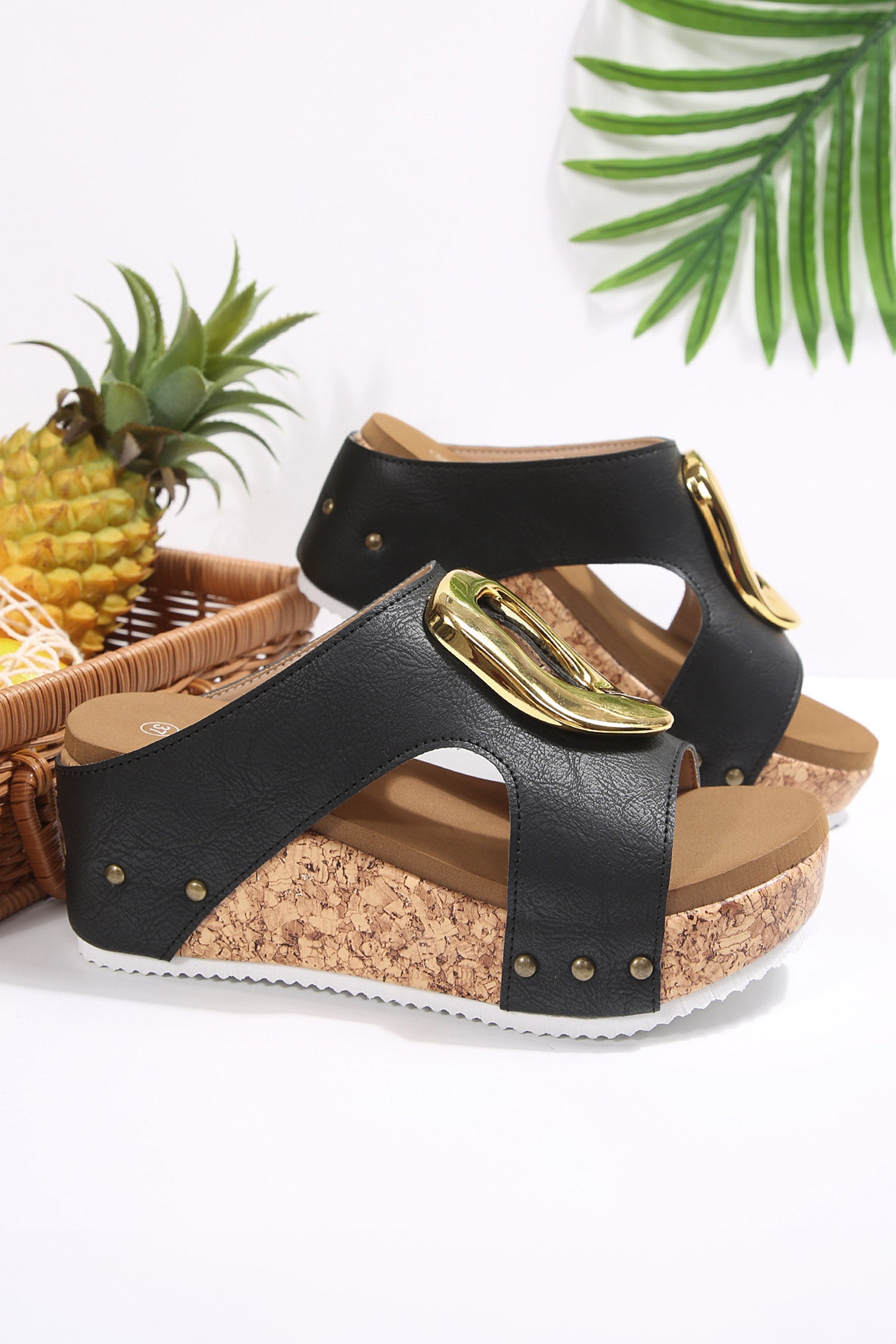 Color black Retro Suede Cutout Gold Buckle Detail Platform Wedge Slippers