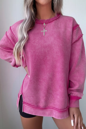 Rose Red Mineral Wash Exposed Seam Side Slit Sweatshirt