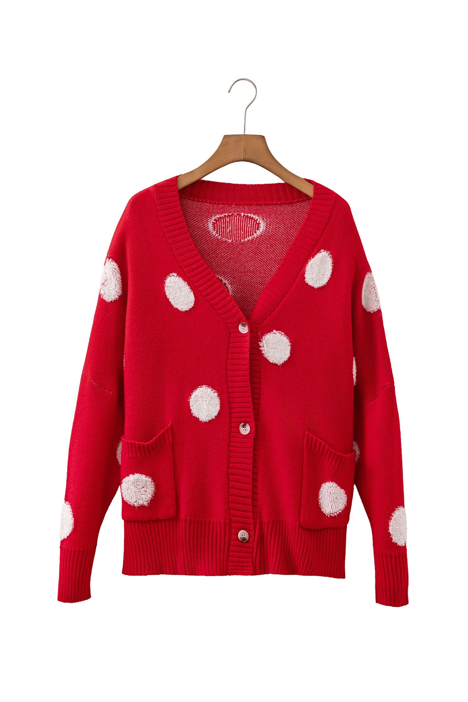Red Polka Dot Button Front Oversized V Neck Cardigan