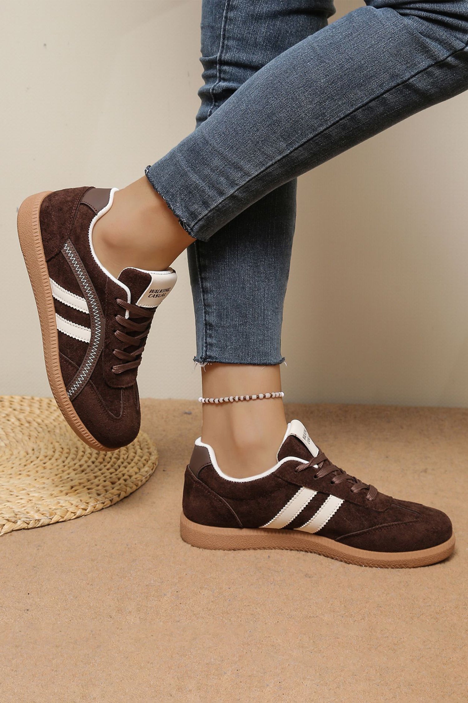 Coffee Faux Suede Lace Up Leatherette Detail Shoes