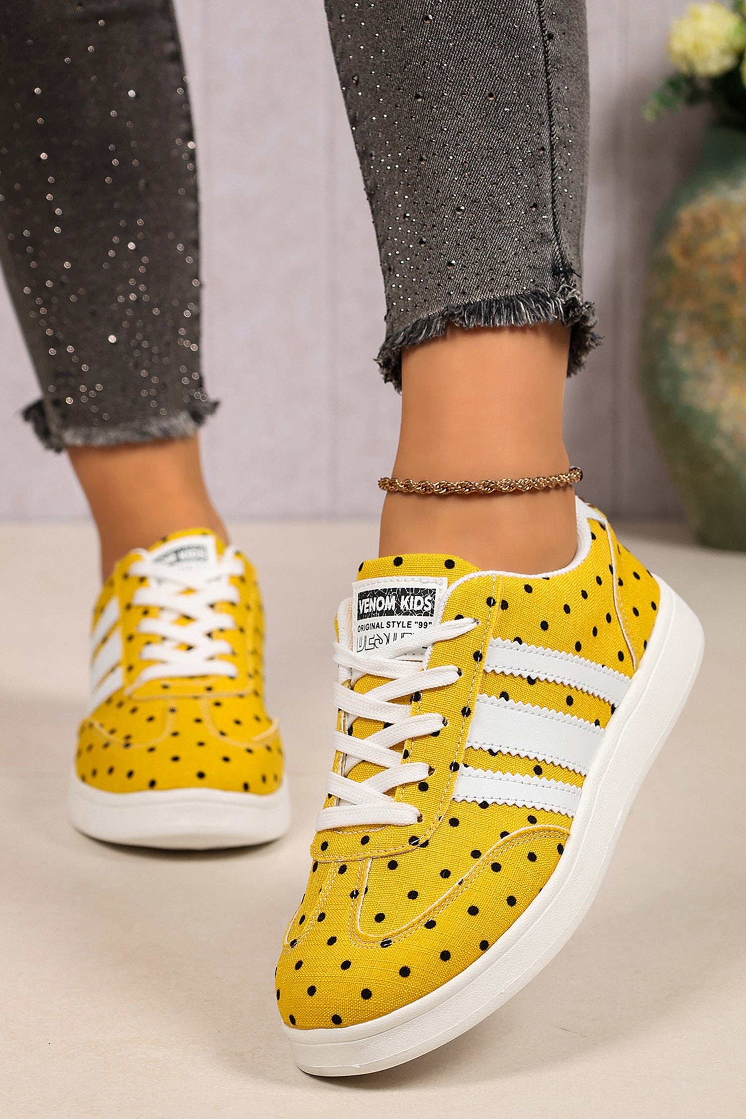 Ginger Polka Dot Print PU Leather Detail Lace Up Casual Shoes