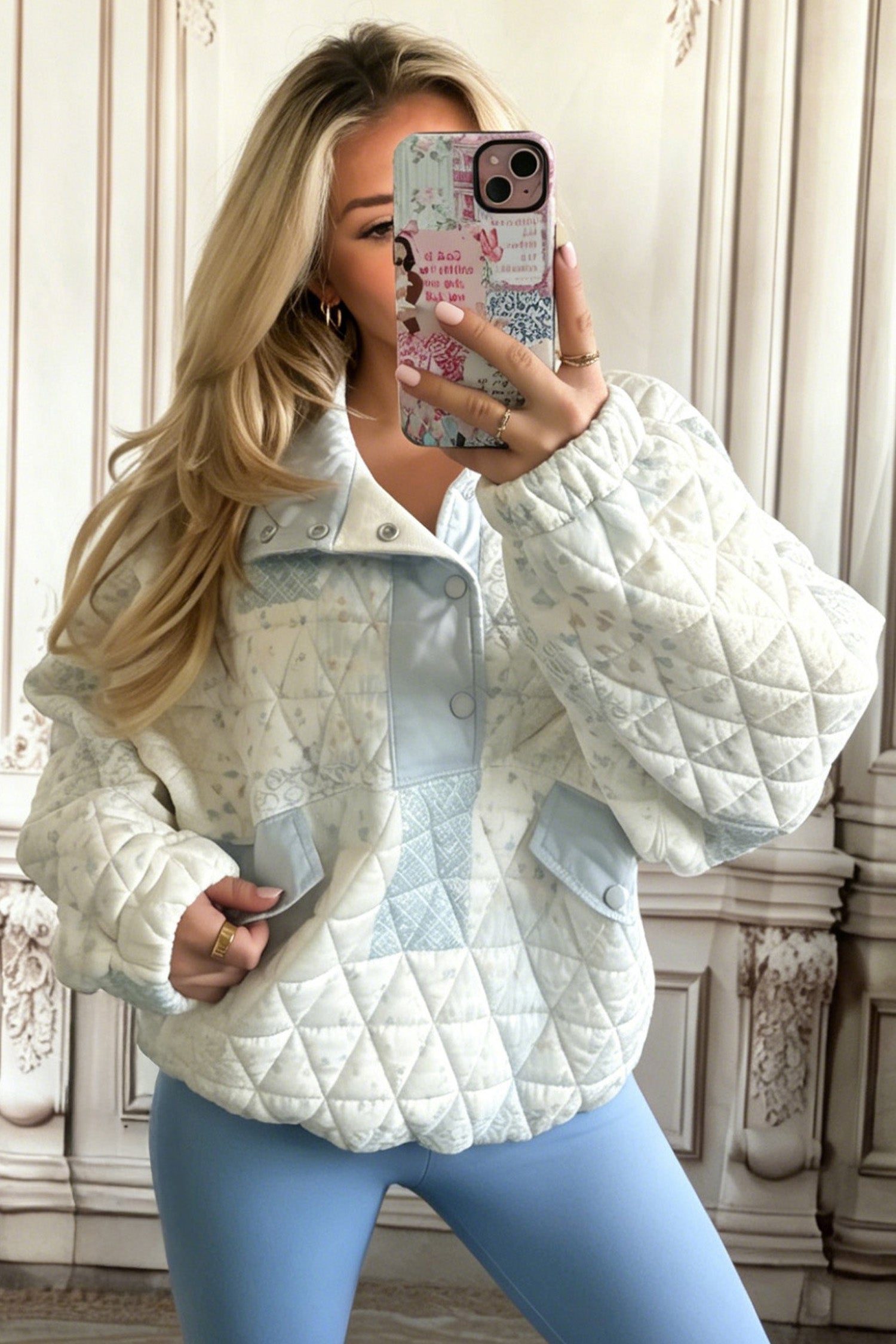 Multicolour Floral Quilted Jacket Collar Long Sleeve Shift Pullover Sweatshirt