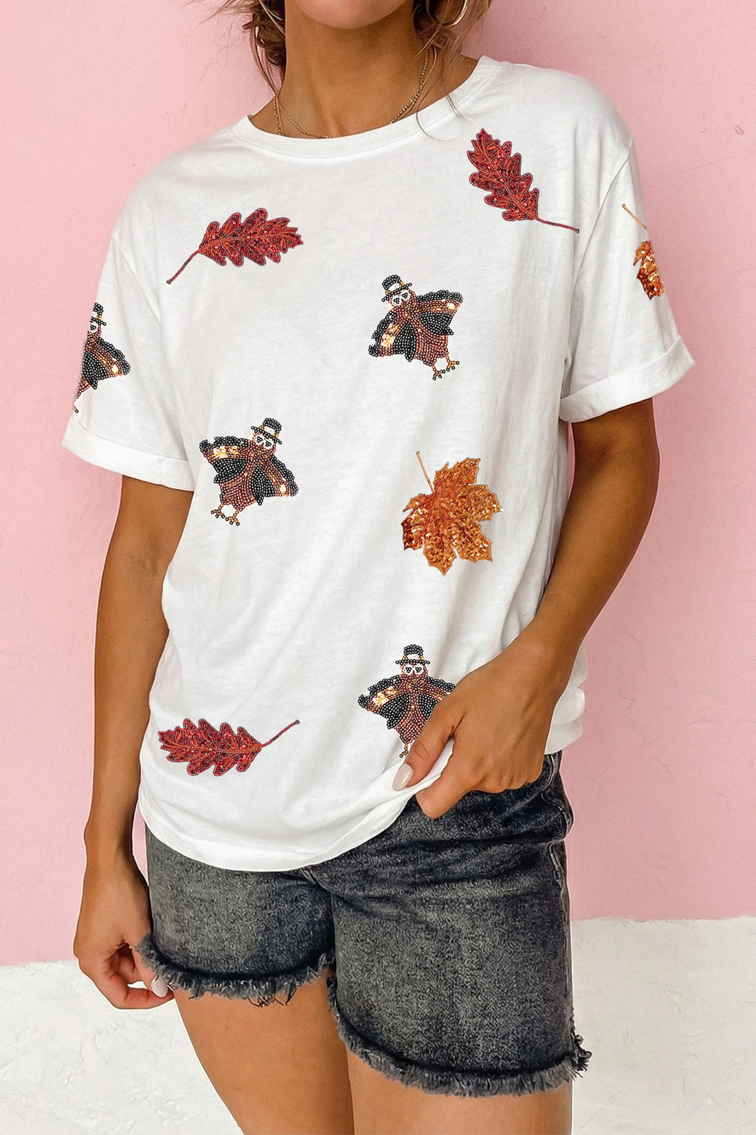 White Sequin Autumn Leaf Thanksgiving Turkey Graphic T Shirt