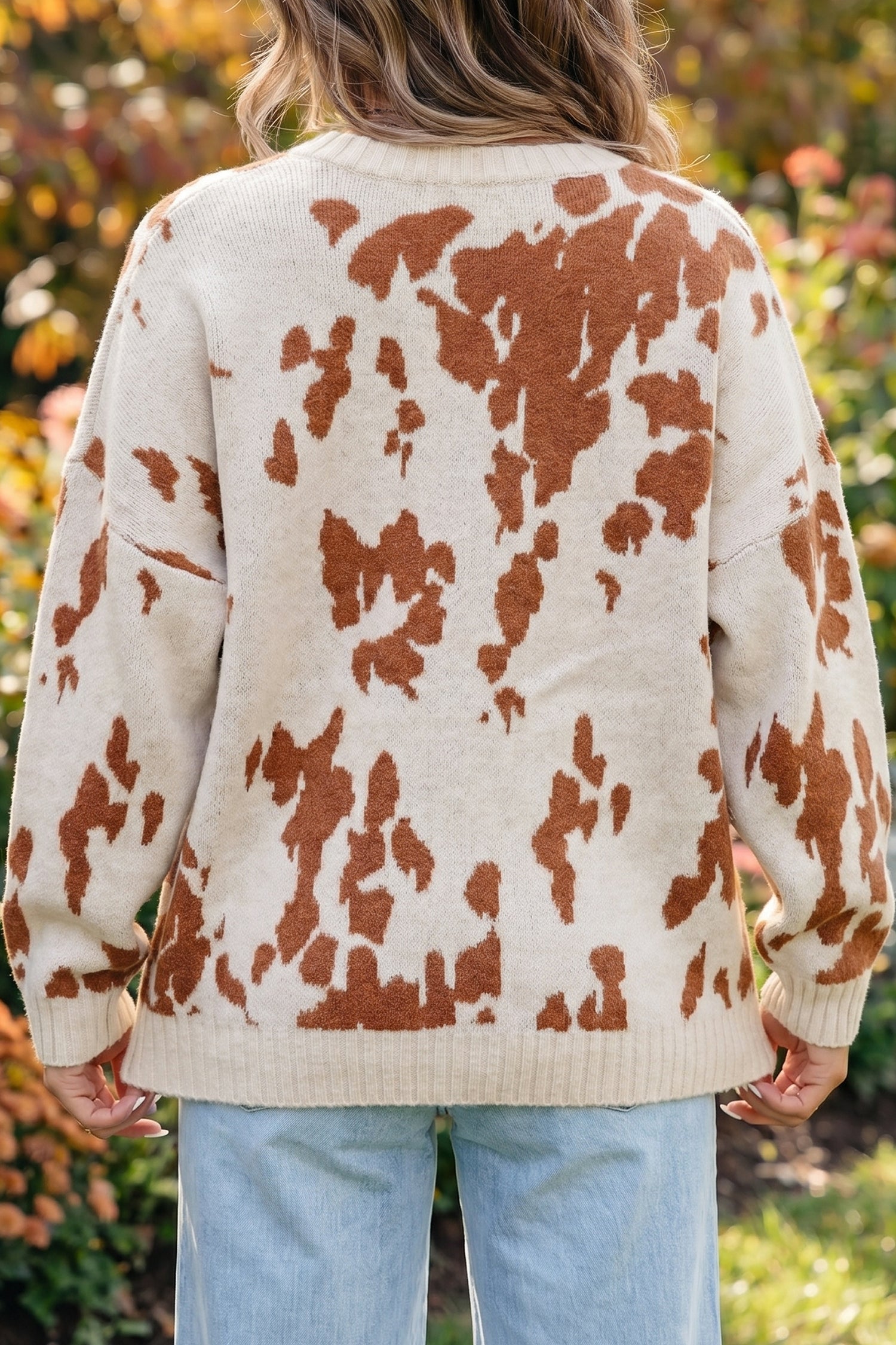 Khaki Abstract Print Drop Shoulder Long Sleeve Round Neck Sweater