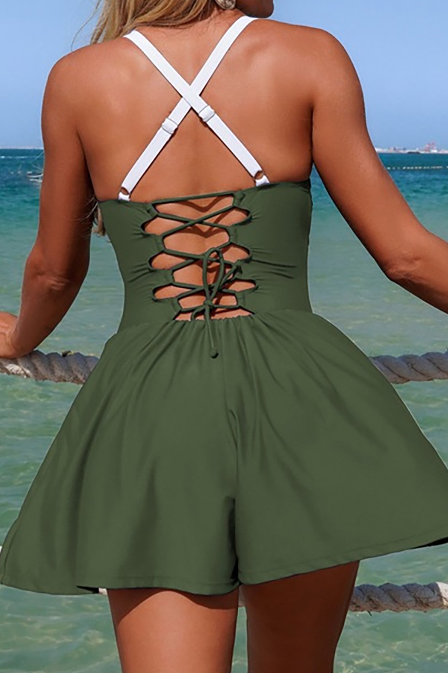Green Bay Contrast Trim Adjustable Straps Lace-up One Piece Swimsuit