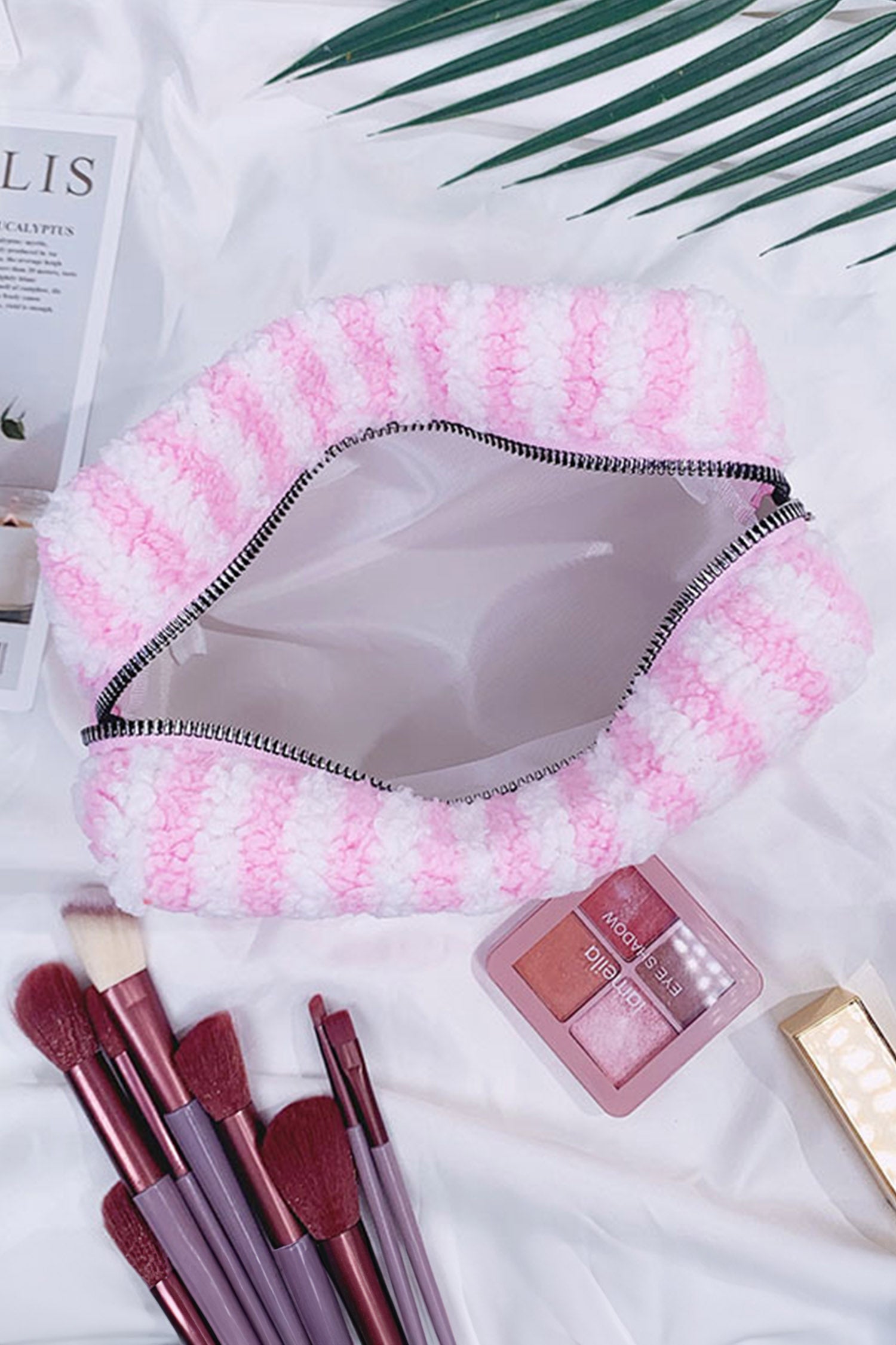 Pink Plush Striped Microfiber Cosmetic Bag with Key Charm Zipper Closure