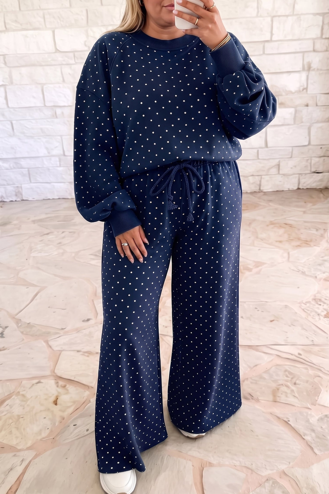 Blue Polka Dot Round Neck Long Sleeve Plus Size Set
