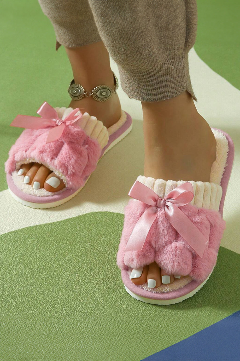 Peach Blossom Bow Knot Decor Open Toe Plush Slippers