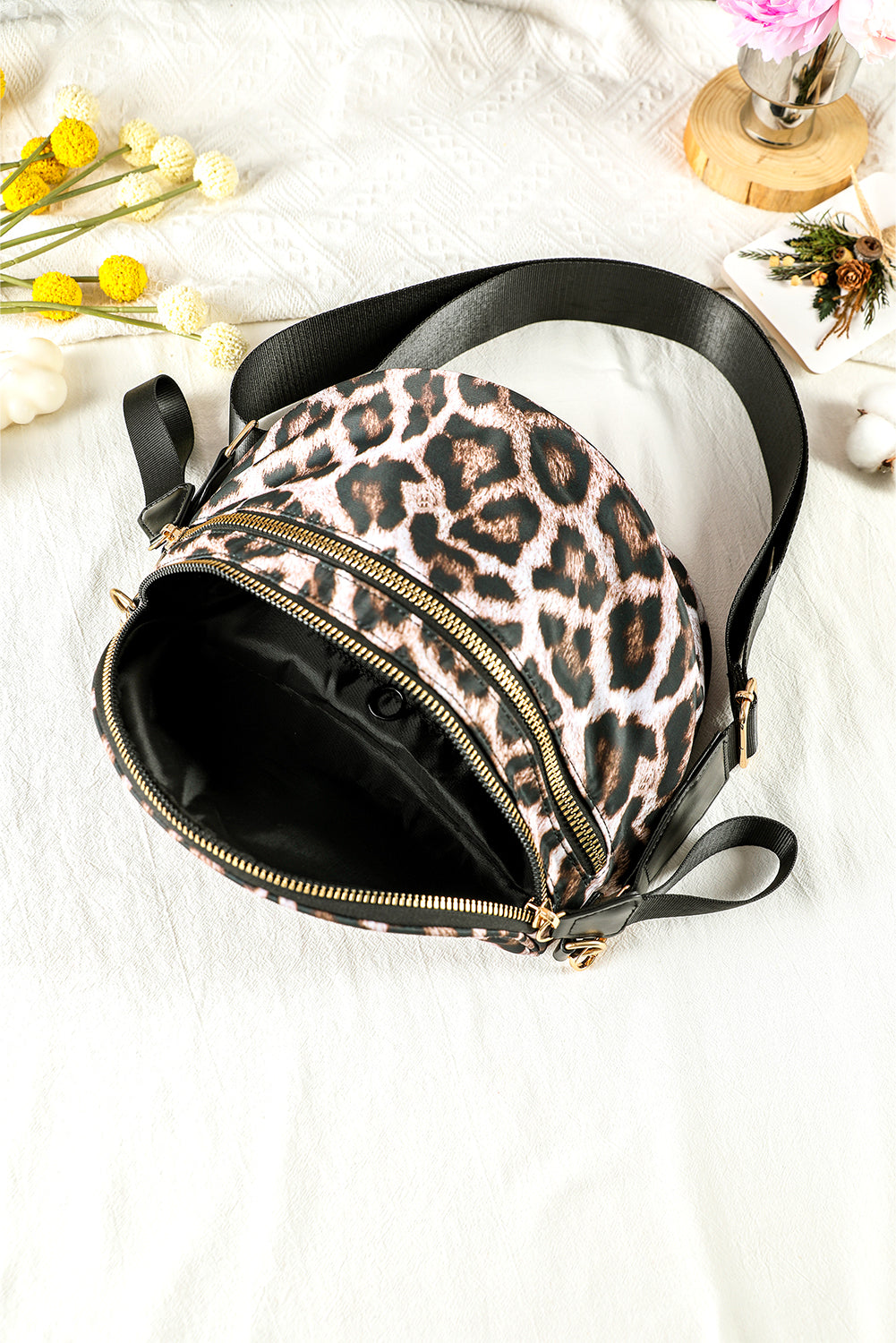 Coffee Leopard Print Double Zip Fashion Crossbody Bag