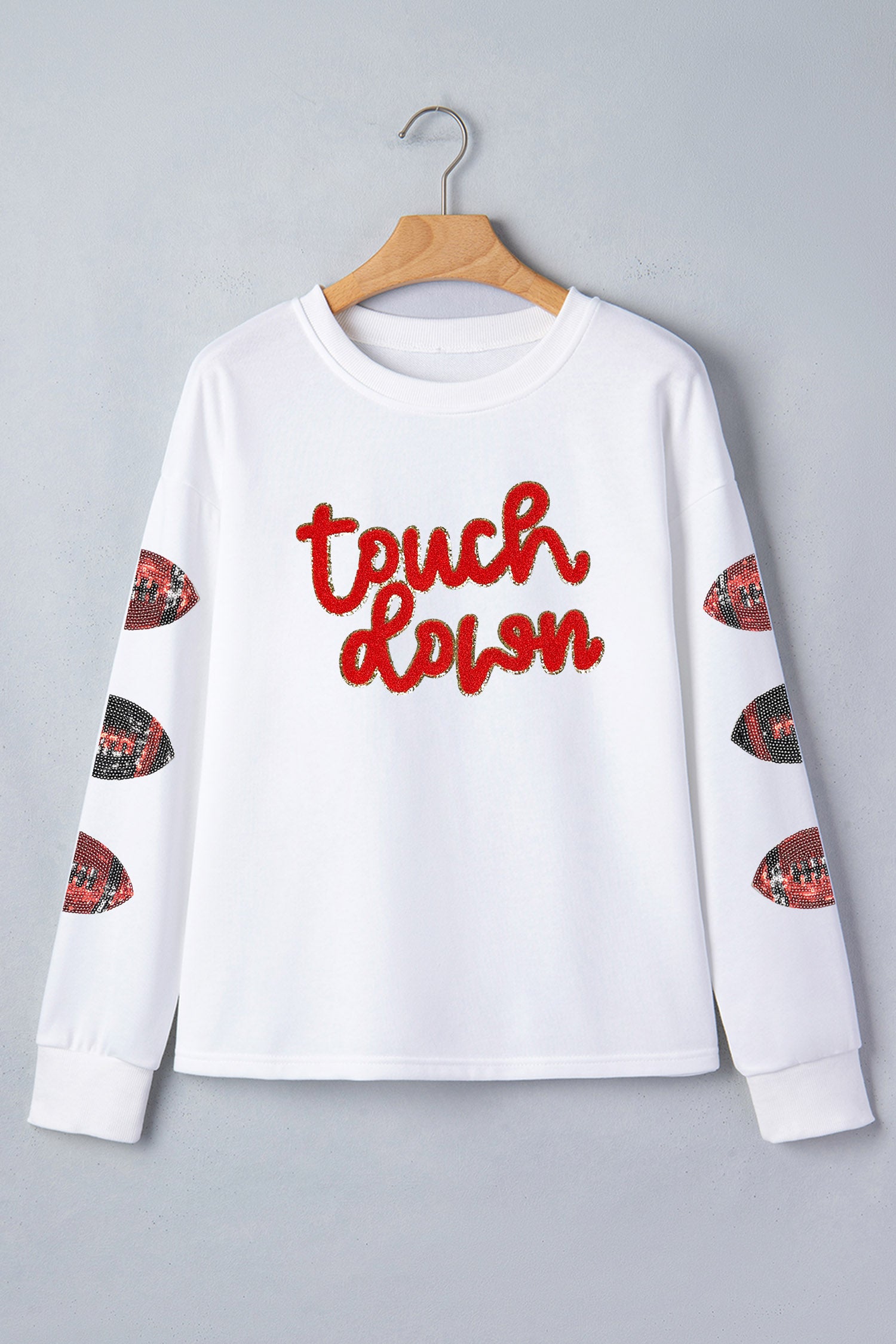 White Game Day Touch Down Sequin Rugby Long Sleeve Tee
