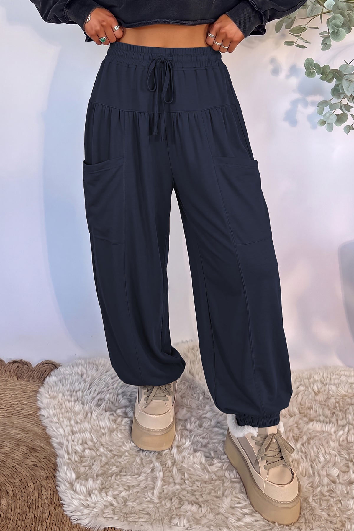 Dirty blue Elastic Waist Drawstring Wide Leg Full Length Pants