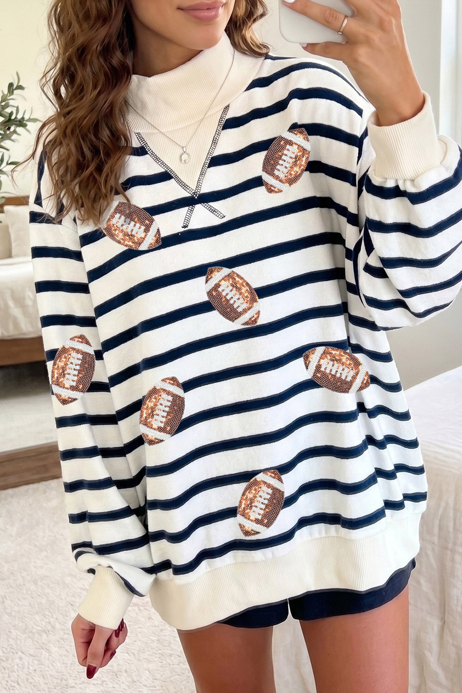 Blue Stripe Sequin Rugby Print Mock Neck Casual Sweatshirt