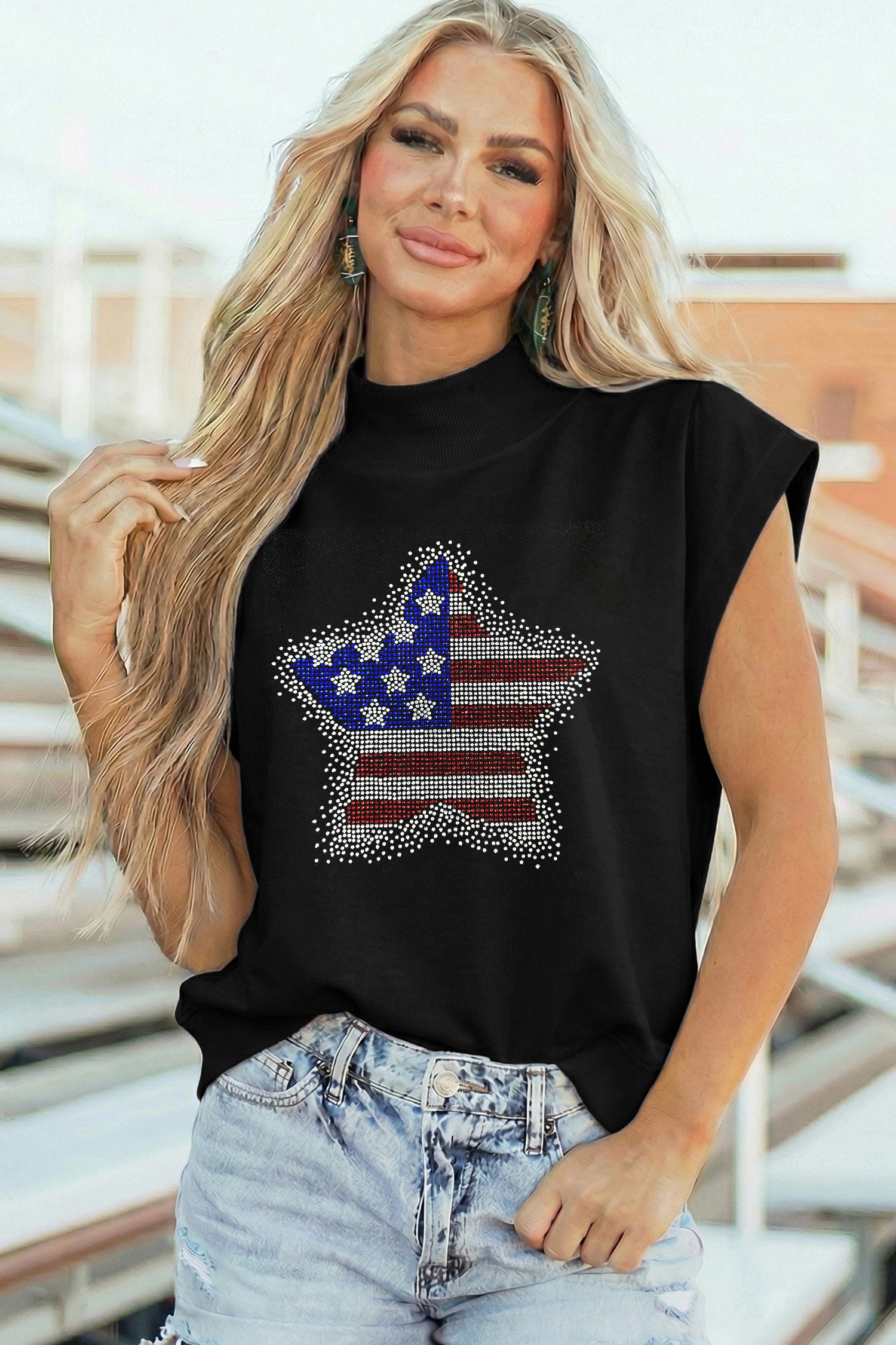 Black Patriotic Rhinestone Star High Neck Short Sleeve Top