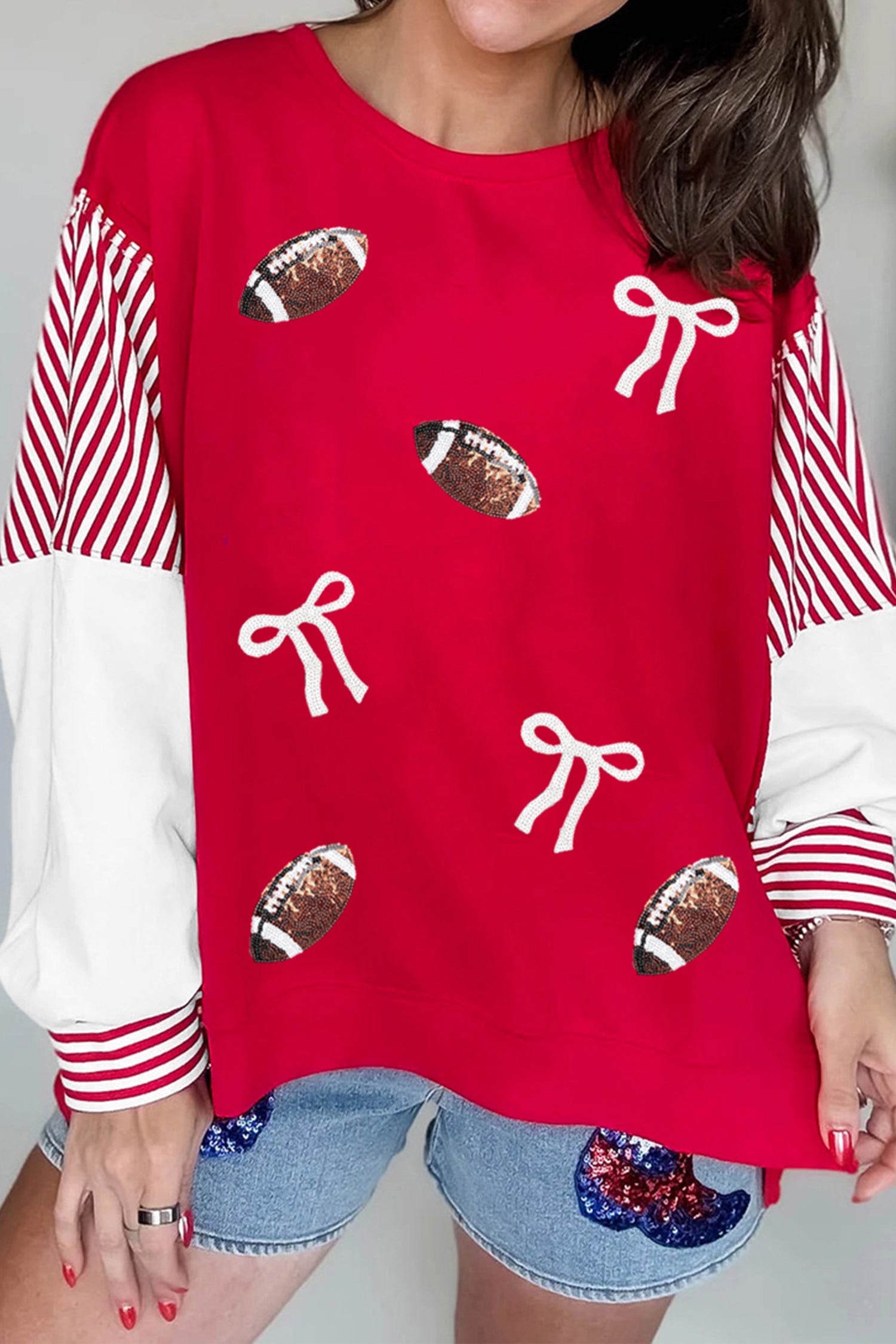Fiery Red Sequin Rugby Bow Print Striped Color Block Sleeve Patchwork Graphic Sweatshirt