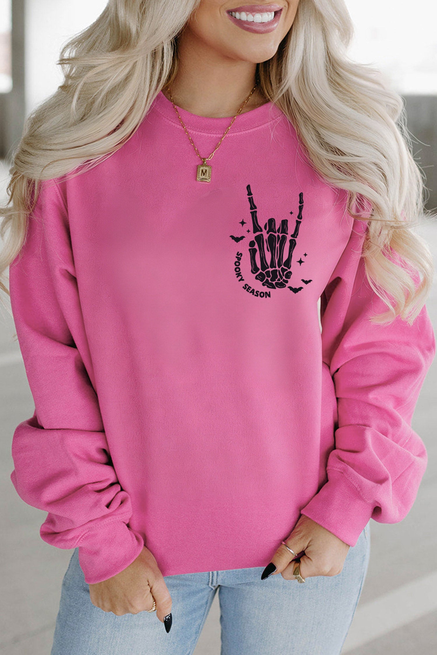 Bonbon Skeleton Hand Graphic Casual Halloween Sweatshirt