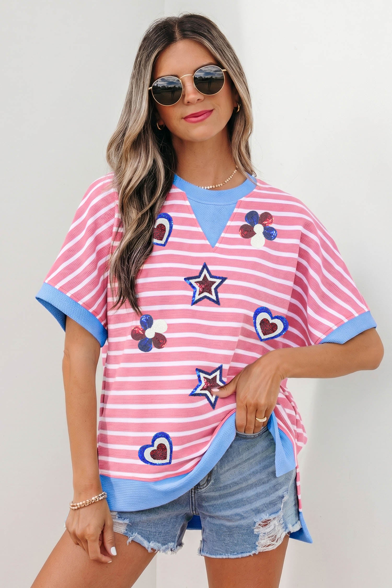 Pink Stripe Patriotic Sequin Patch Short Sleeve Loose Top