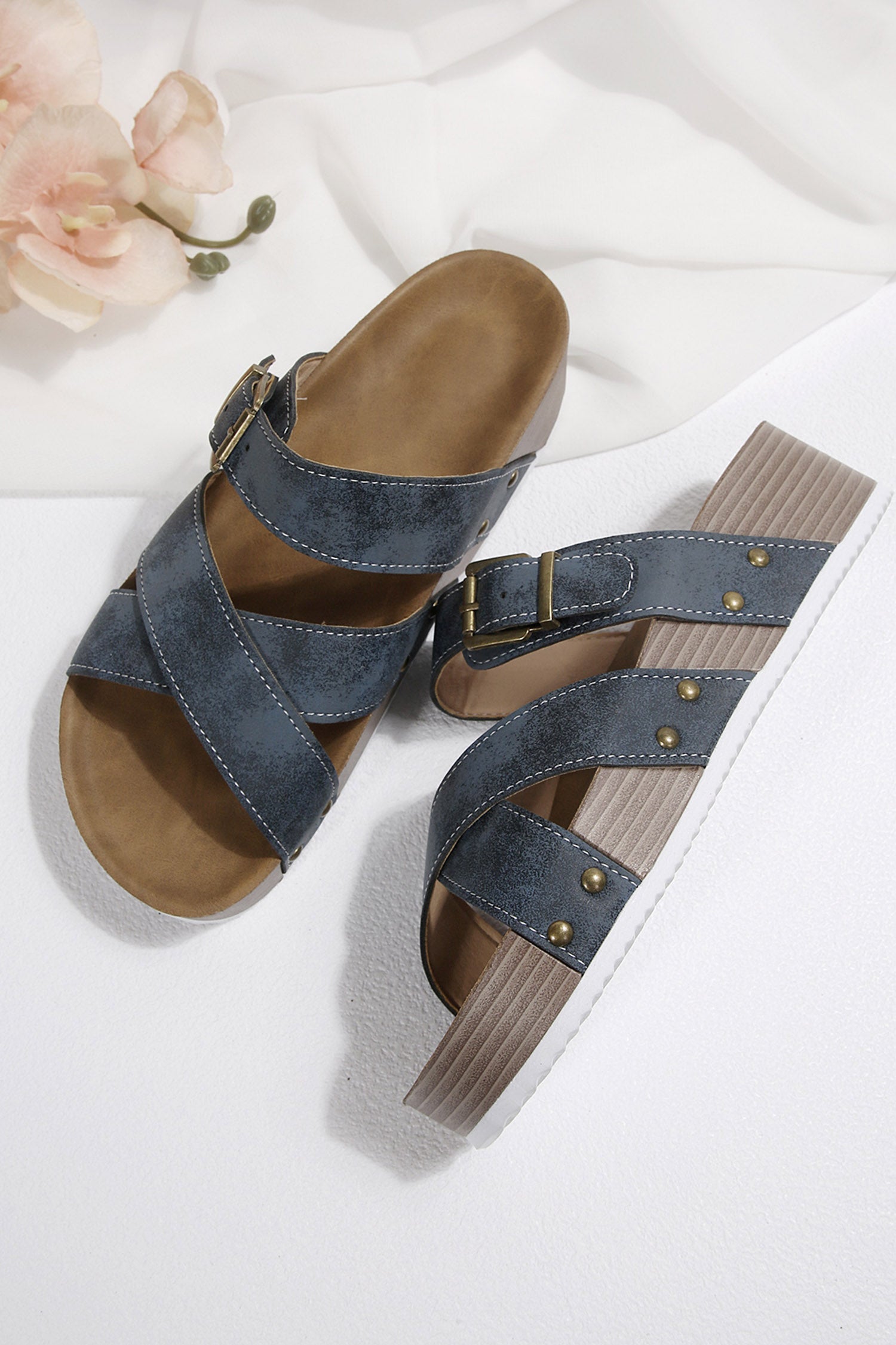 Sail Blue Faux Suede PU Leather Strappy Cutout Retro Slippers