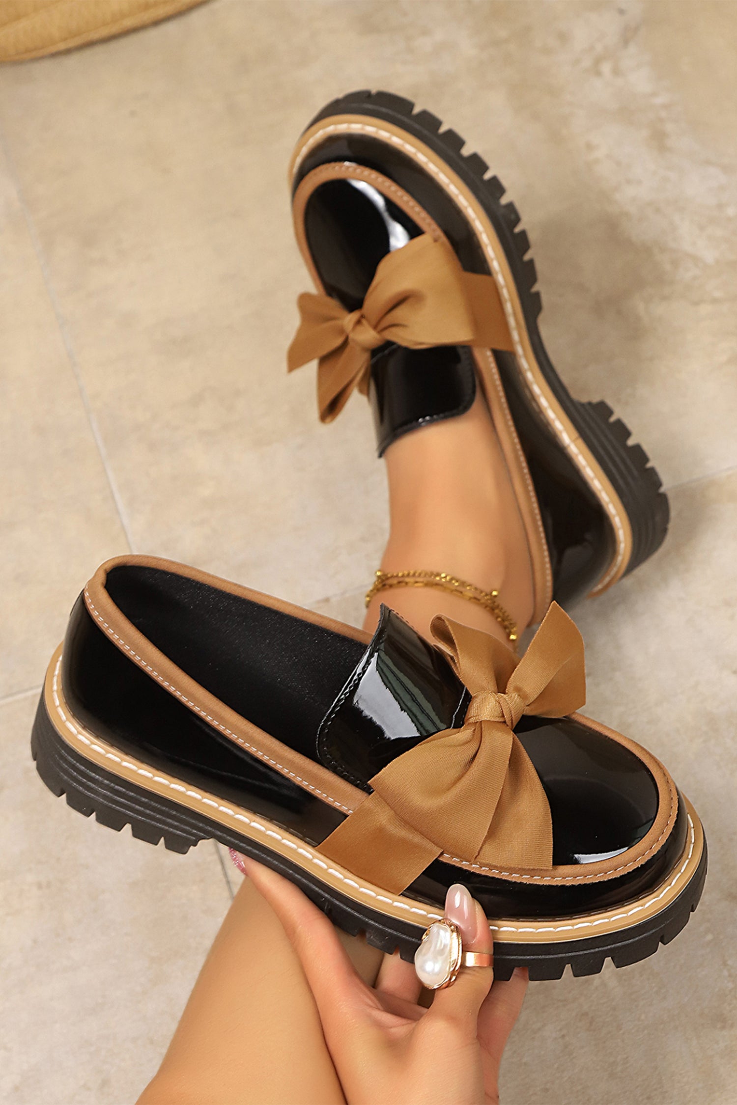 Color black Bowknot Platform Loafers with Slip-On Design and TPR Sole