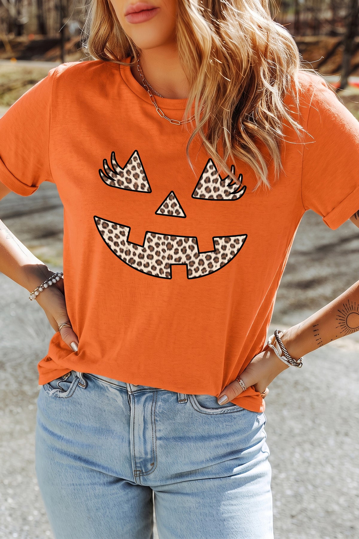 Orange Leopard Print Halloween Pumpkin Face Round Neck Casual Tee