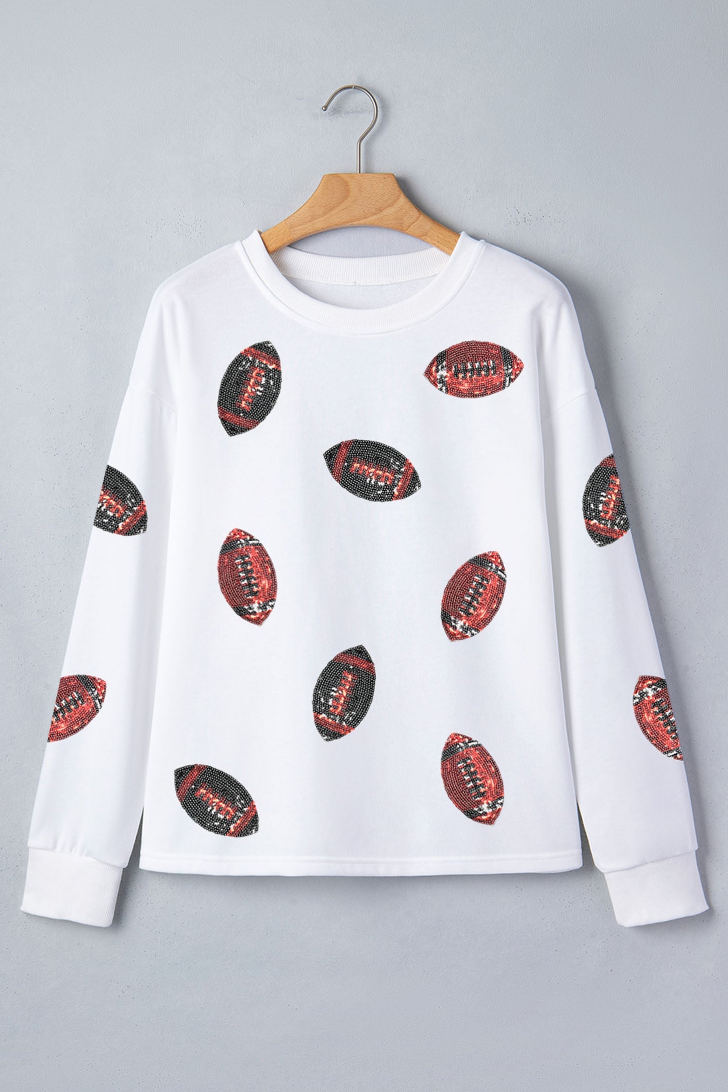 White Football Sequin Rugby Pattern Crewneck Long Sleeve Top