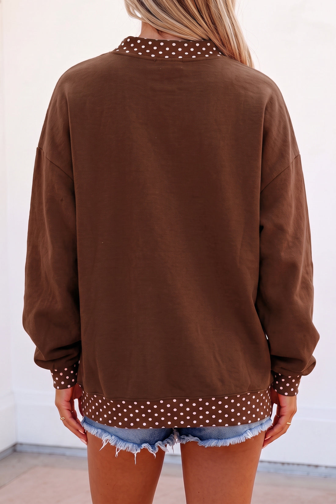Brown RODEO Print Polka Dot Trim Baggy Pullover Sweatshirt