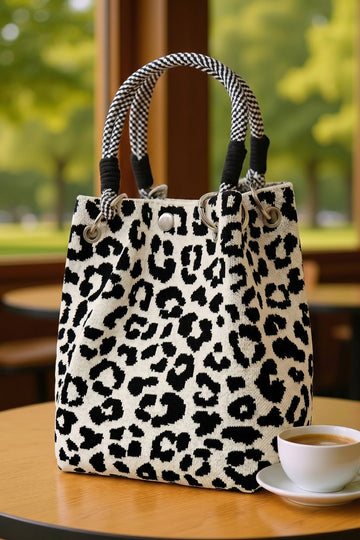 White Leopard Print Polyester Woven Thick Handle Tote Bag