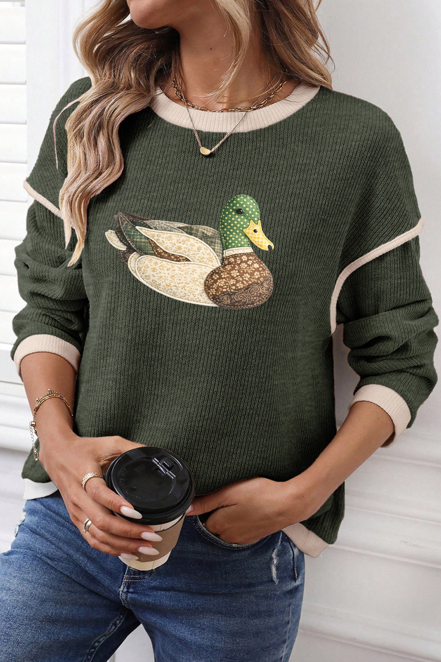 Four Leaf Clover Mallard Duck Graphic Contrast Trim Patchwork Casual Knit Top
