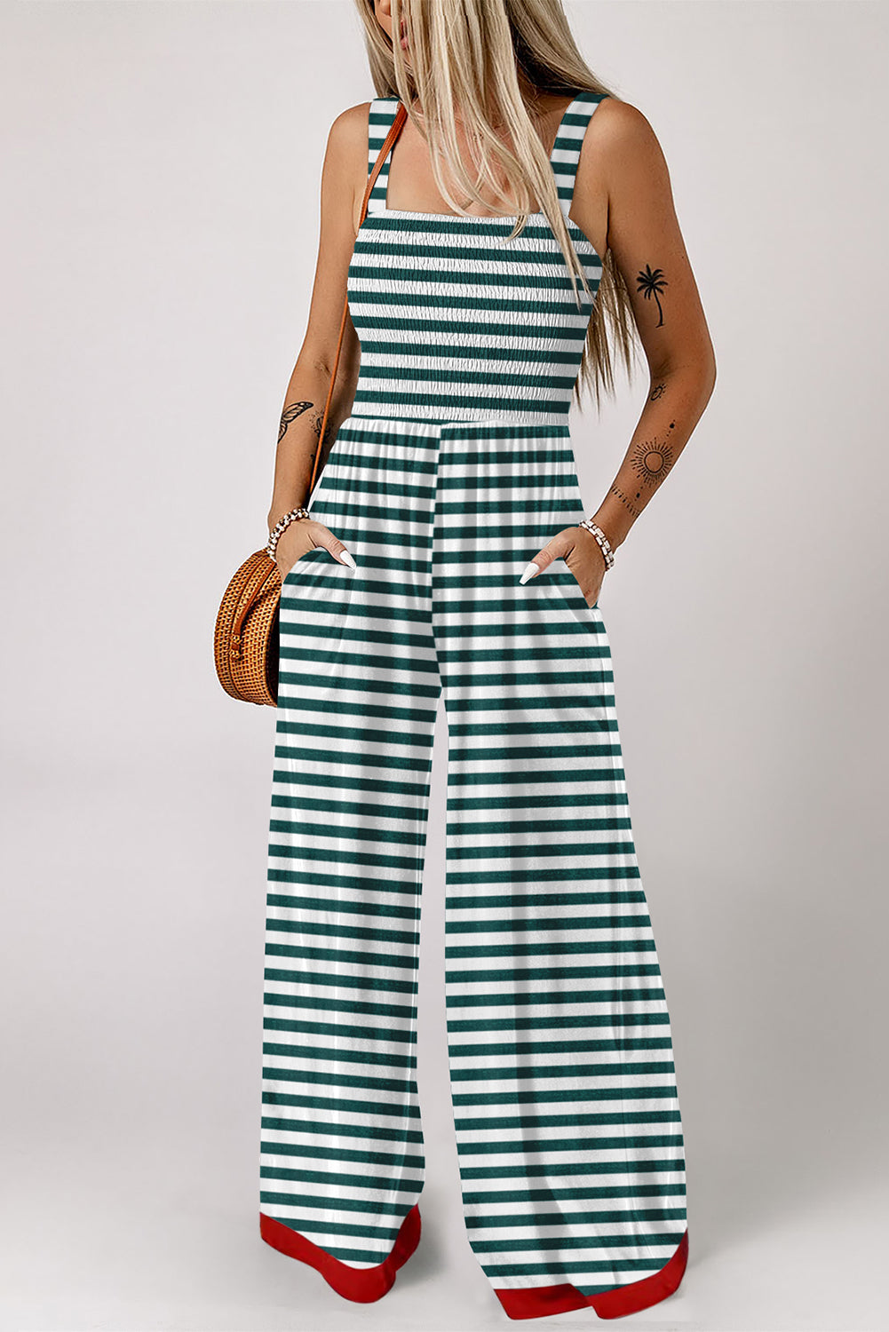 Green Stripe Square Neck Shirred Wide Leg Jumpsuit