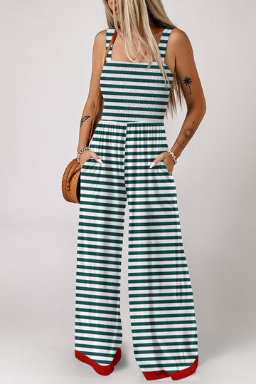 Green Stripe Square Neck Shirred Wide Leg Jumpsuit