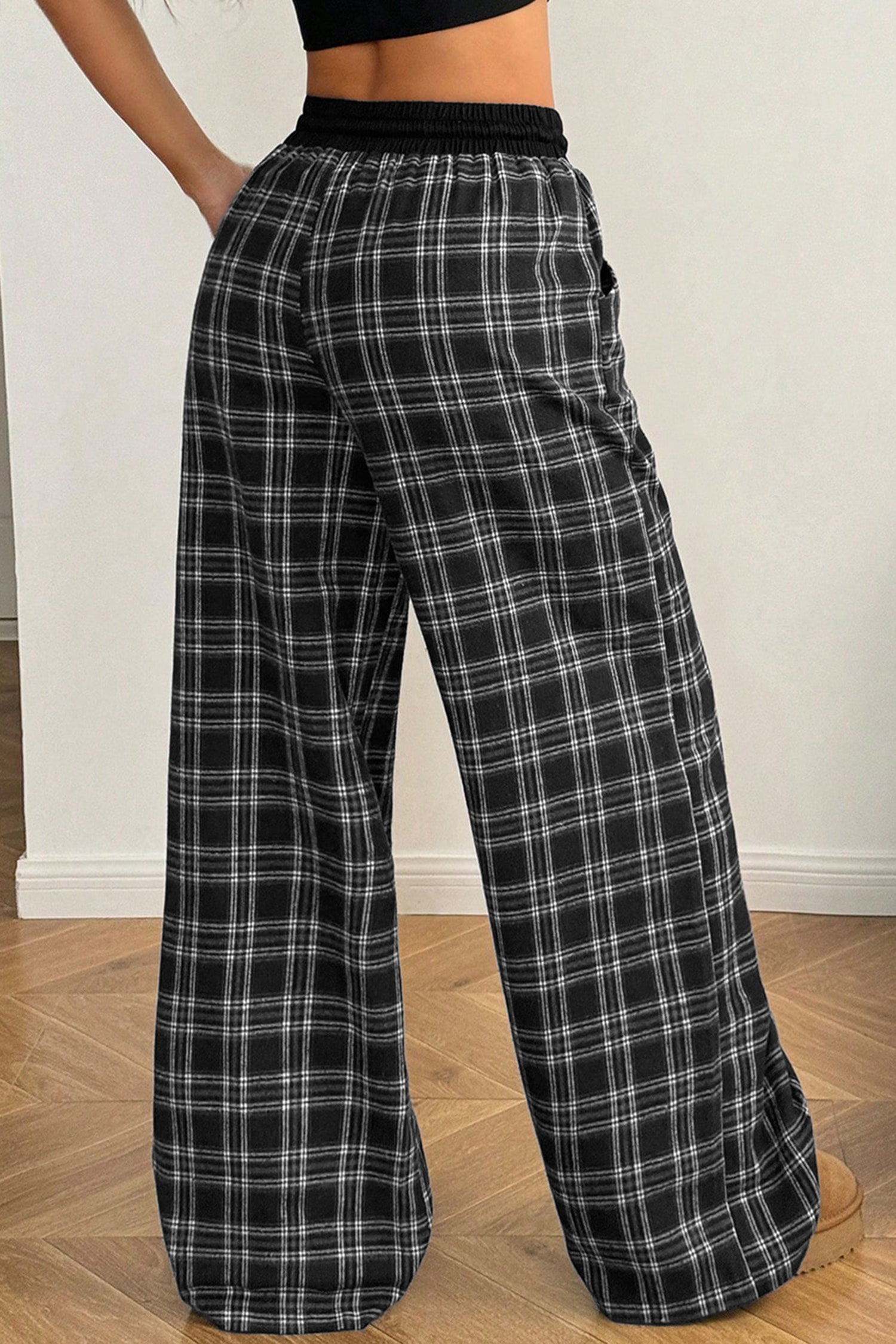 Black Frenchy Plaid Pattern Contrast Drawstring Waist Wide Leg Pants