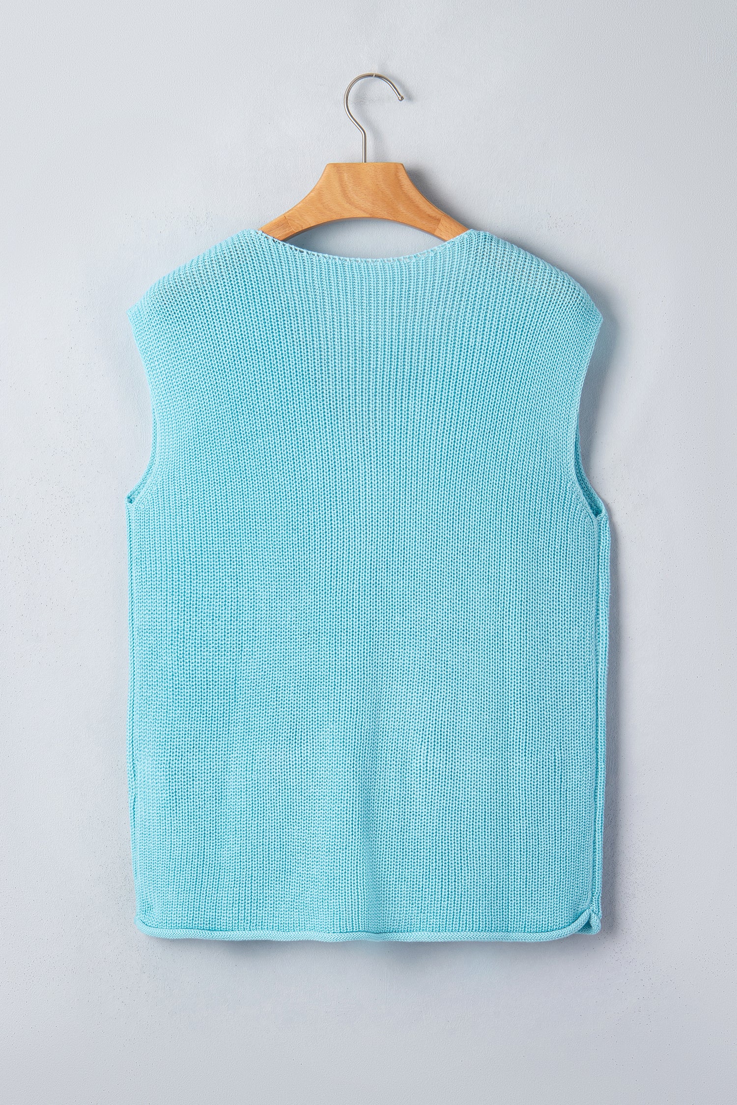 Mist Blue Solid Color Knit V Neck Button Front Sweater Vest