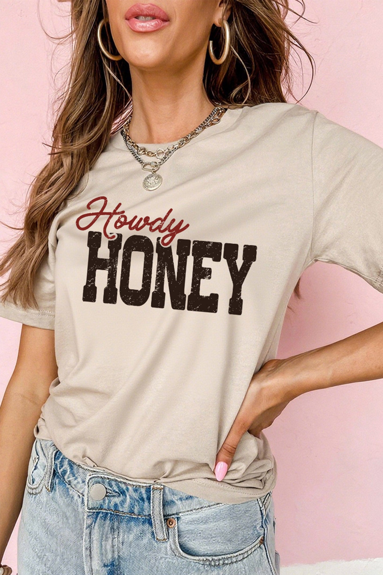 Khaki Howdy HONEY Western Print Letter Casual Graphic T-Shirt