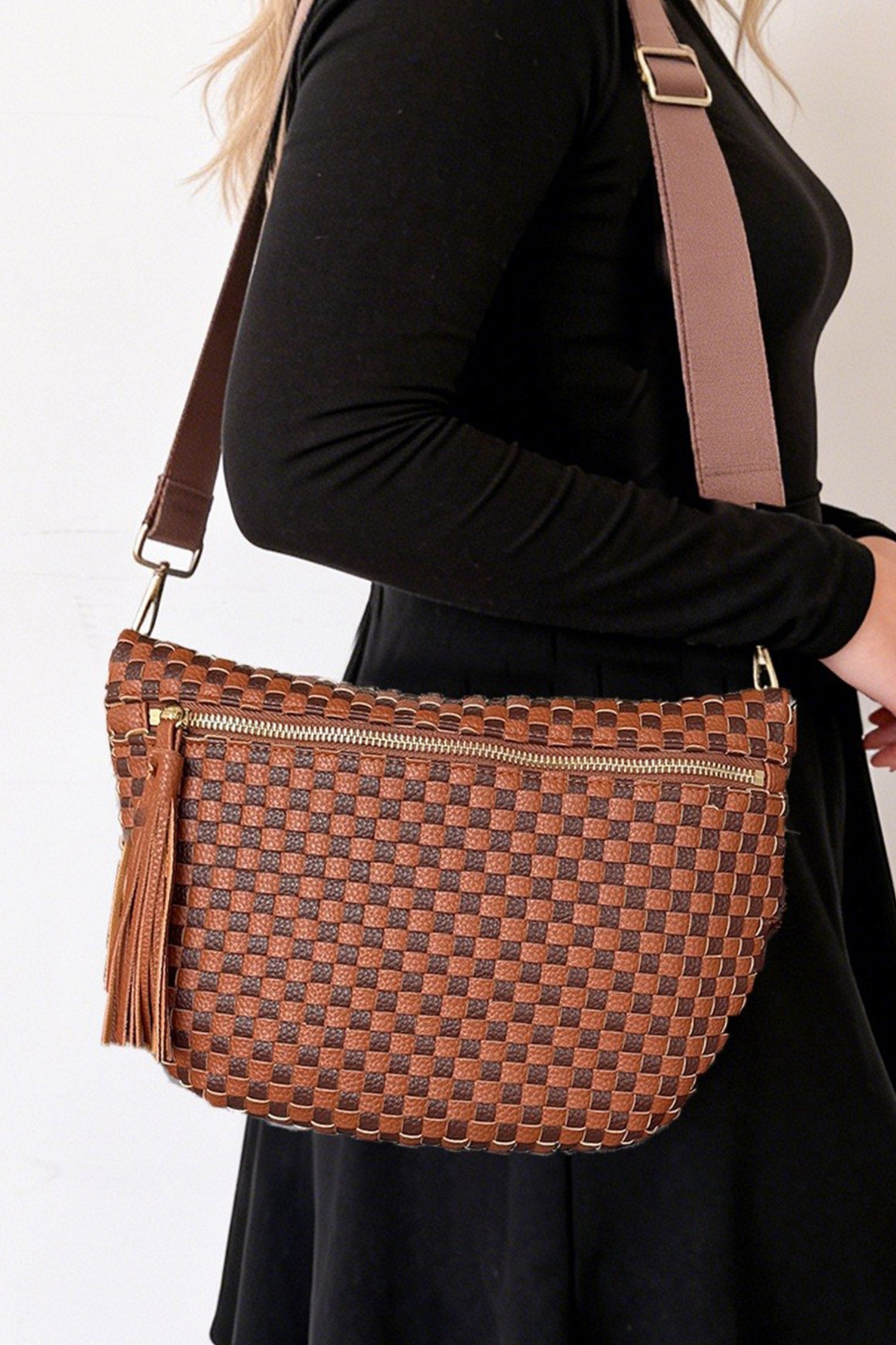 Clay Checkered Woven PU Leather Crossbody Bag Adjustable Strap Large Size