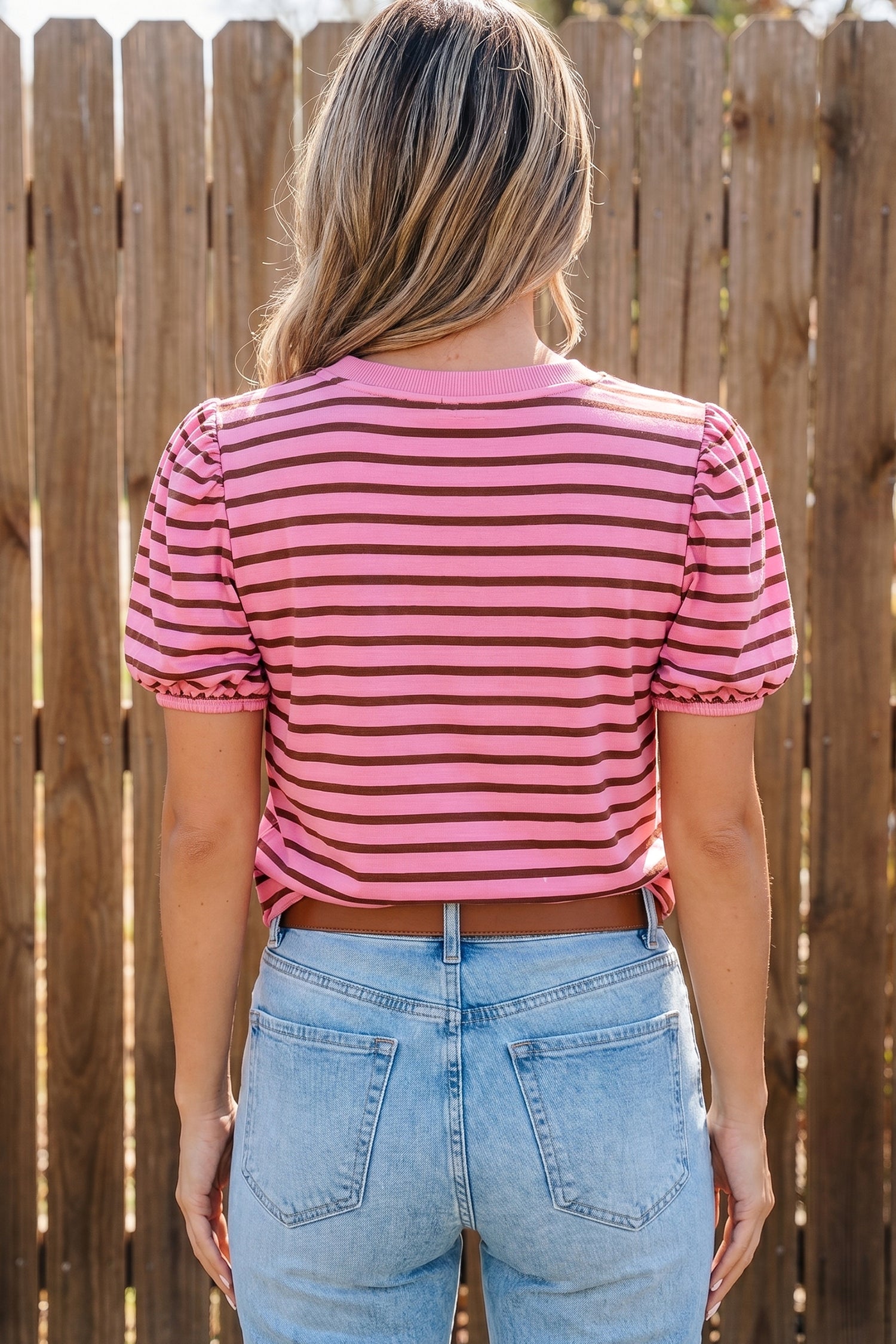 Rose Stripe Striped V-Neck Ribbed Collar Cuff Gathering Puff Sleeve Top