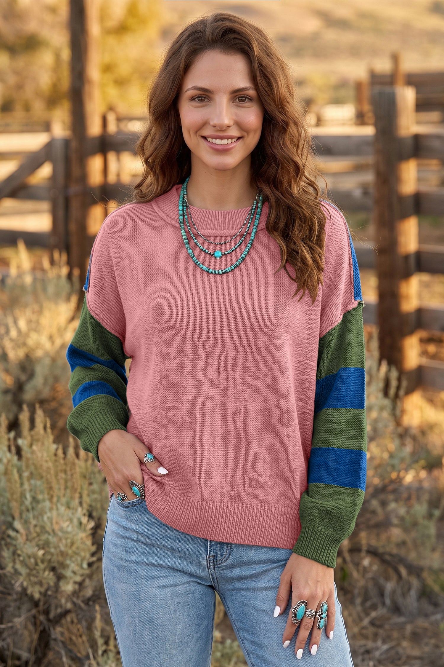 Multicolour Western Colorblock Patchwork Striped Long Sleeve Pullover Sweater