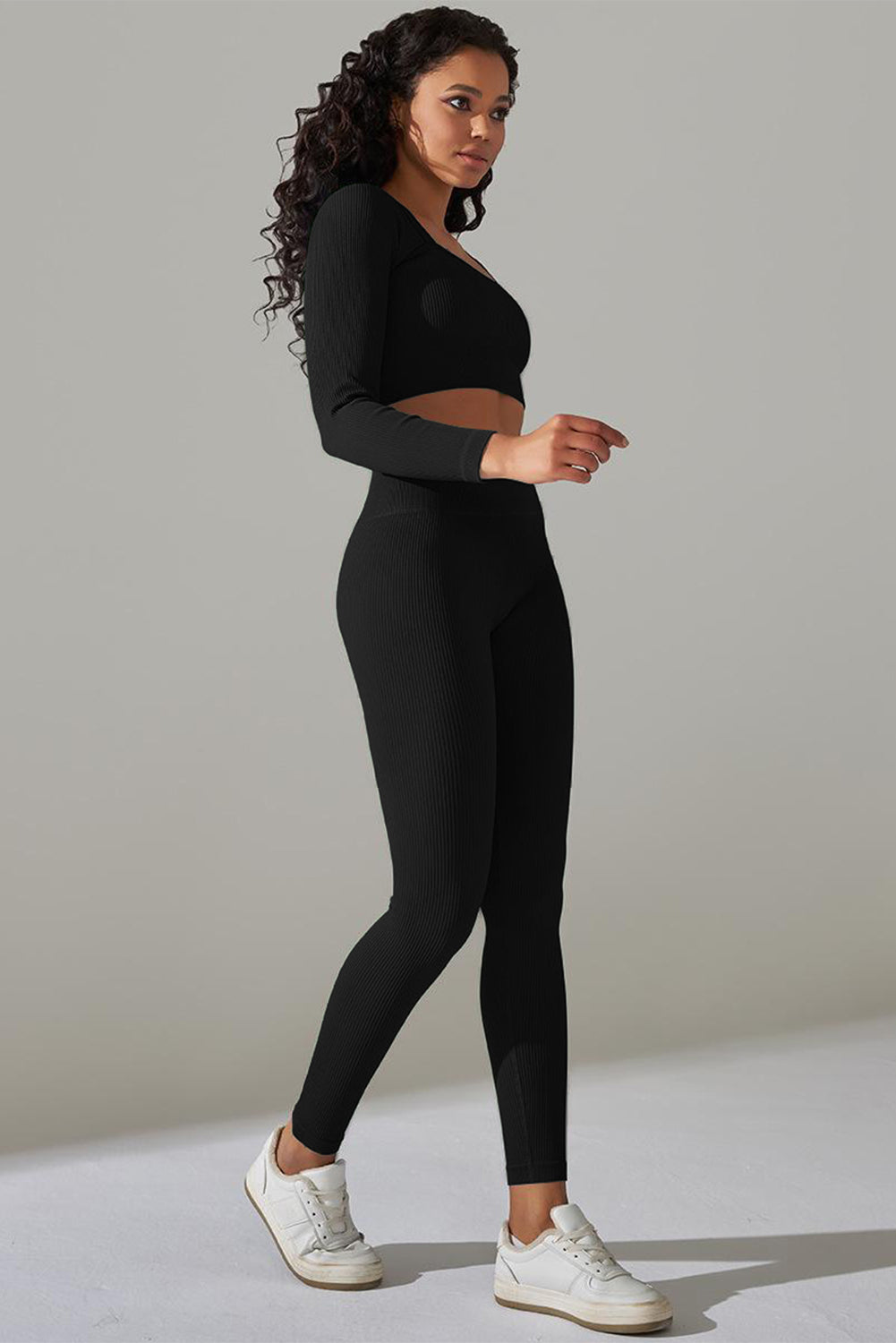 Black Ribbed Long Sleeve Strappy Square Neck 2pcs Yoga Set