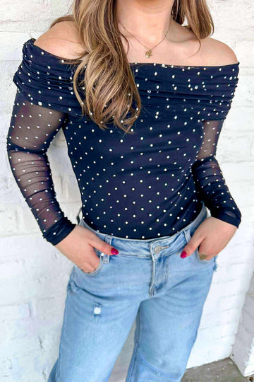 Blue Off Shoulder Polka Dot Mesh Long Sleeve Sheath Top