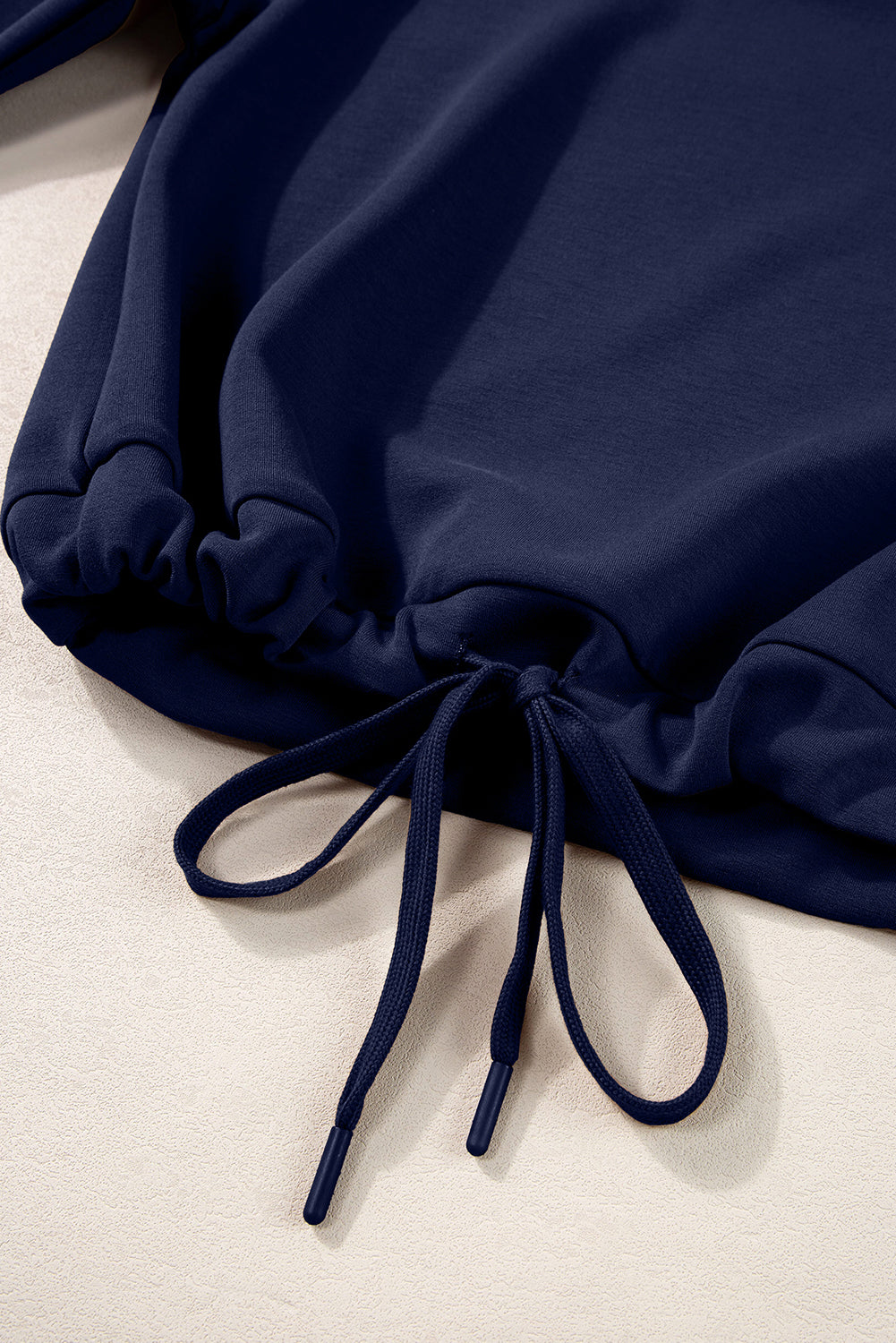Navy Blue Solid Color Cowl Neck Drawstring Pullover Wide Leg Athleisure Pants Set