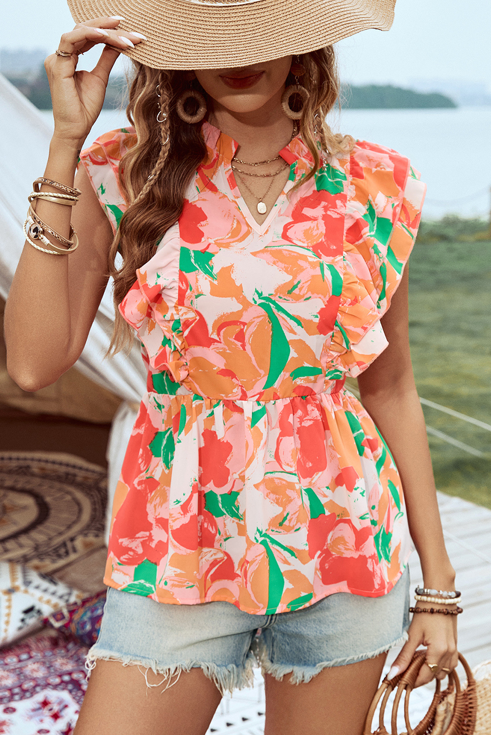Pink Floral Frilled Collar Split Neck Ruffled Sleeve Peplum Top