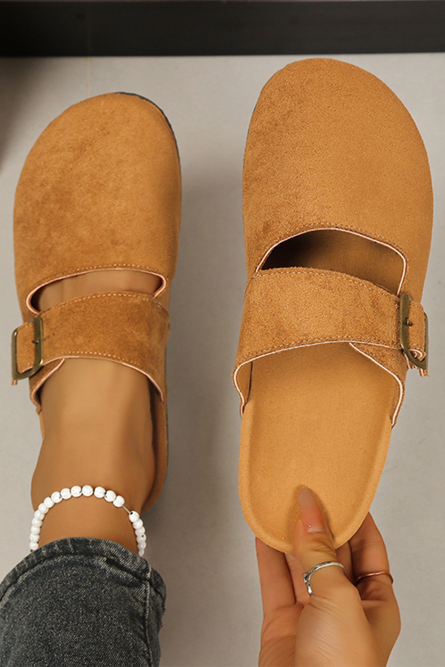 Camel Faux Suede Retro Buckle Clog Slippers