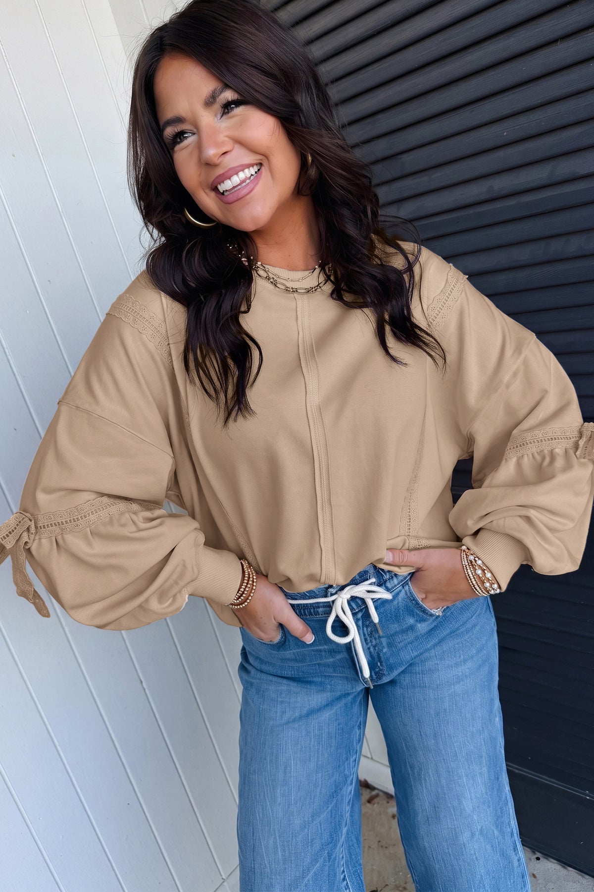 Parchment Solid Color Raw Seam Lace Detail Loose Casual Sweatshirt